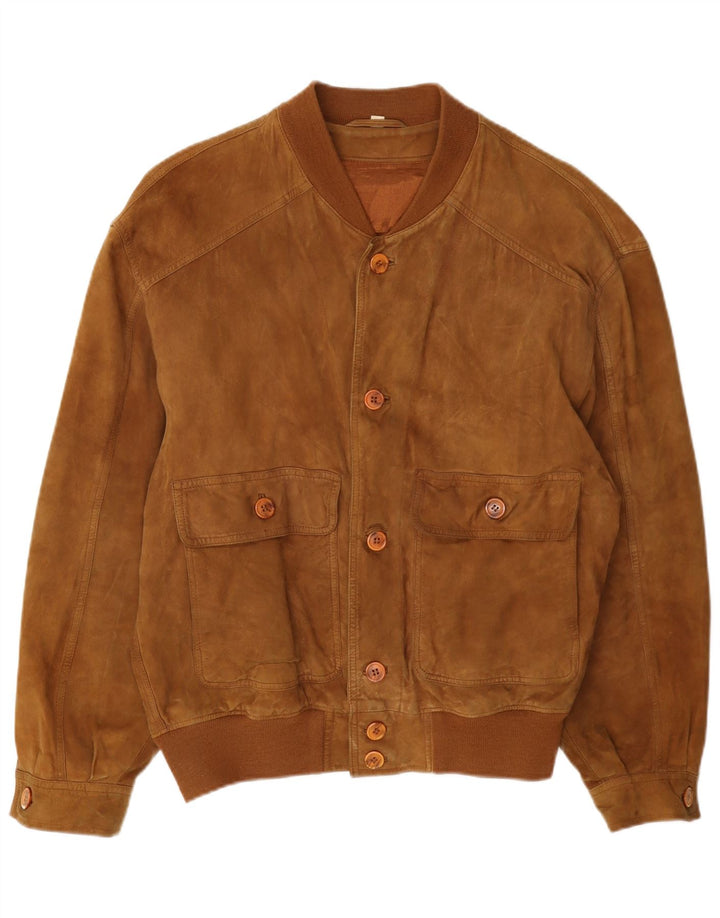 vintage Mens Suede Bomber Jacket IT 46 Petit Cuir Beige