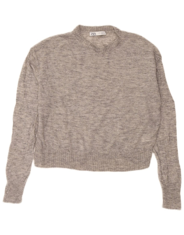 Zara Womens Crop Crew Neck Jumper Sweater UK 18 XL Gris Moucheté Laine