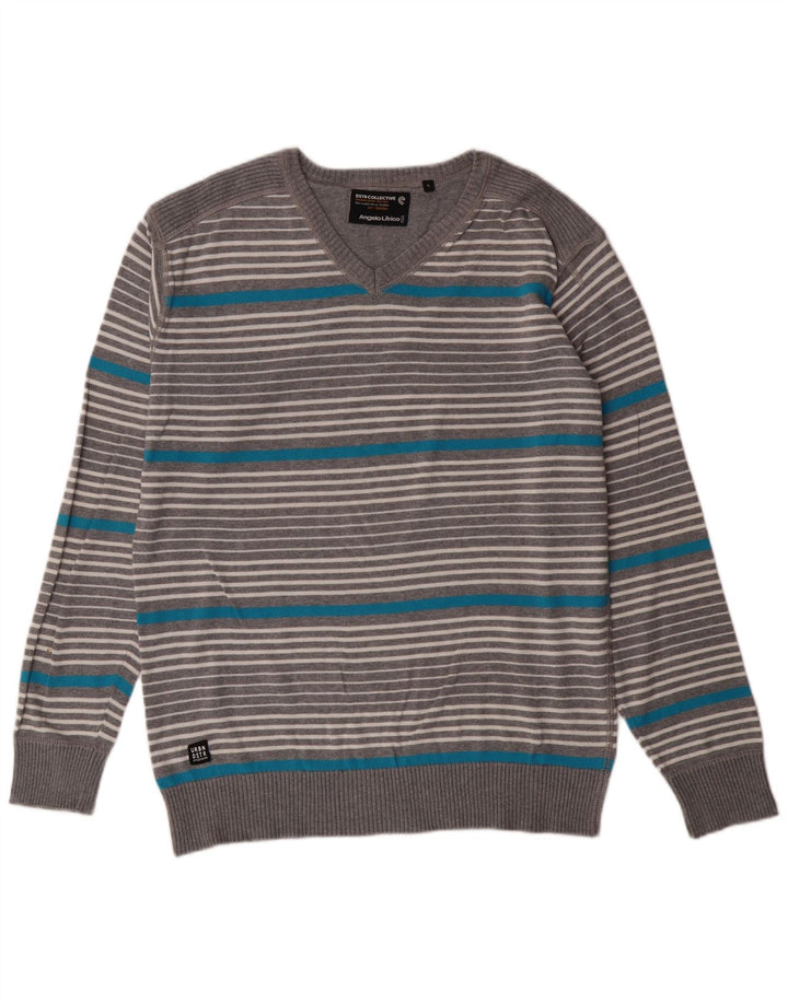 ANGELO LITRICO Pull col V pour Homme Large Rayé Gris