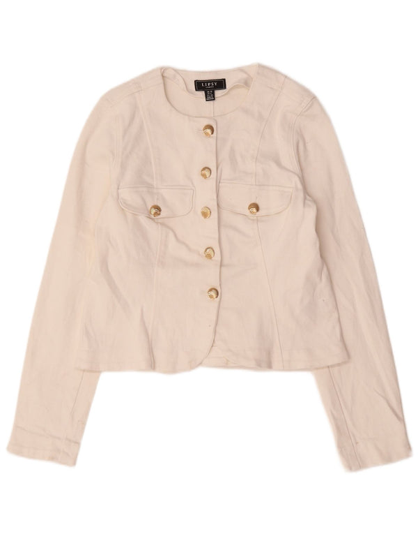 Lipsy Veste blazer courte à 5 boutons pour femme UK 12 en coton blanc moyen