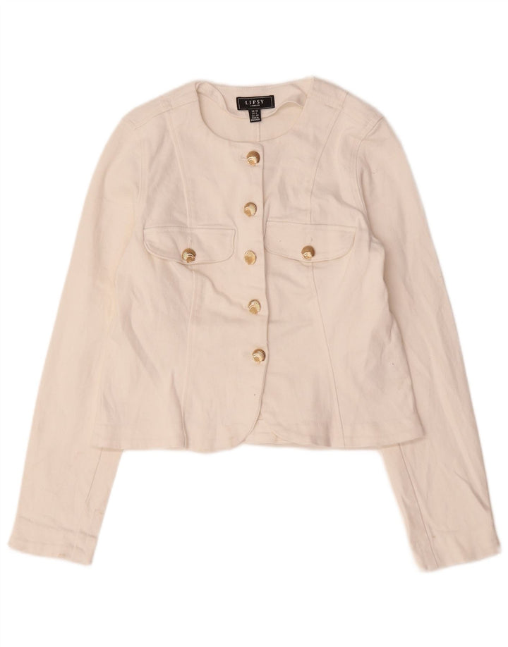 Lipsy Veste blazer courte à 5 boutons pour femme UK 12 en coton blanc moyen