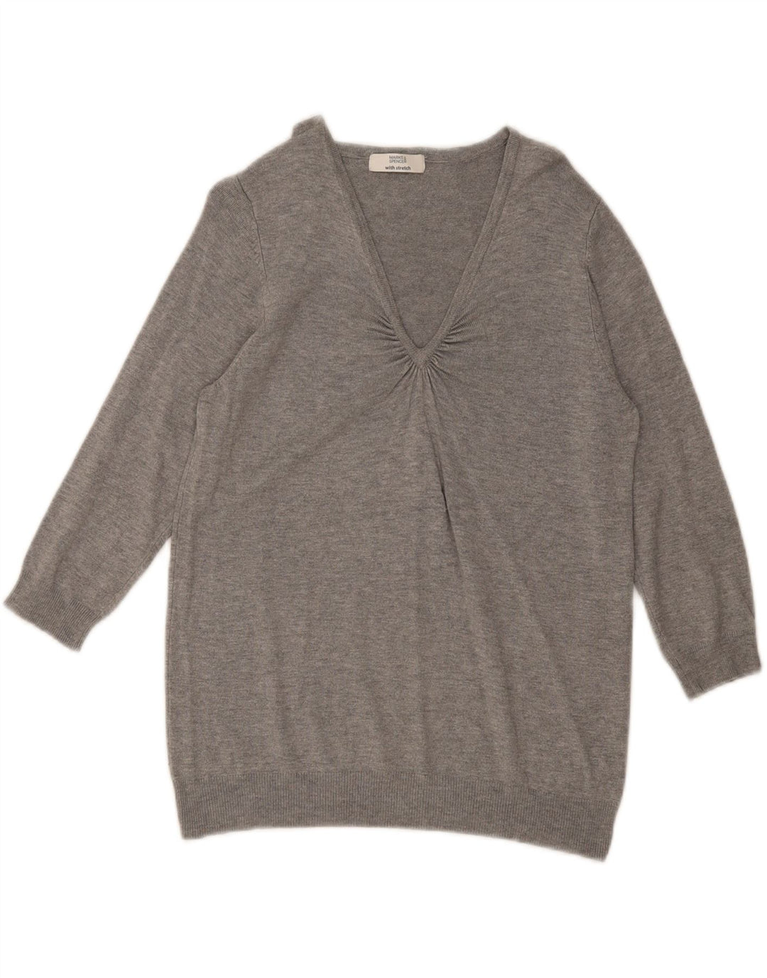 Marks & Spencer Pull à manches 3/4 et col en V pour femme Gris moyen UK 14