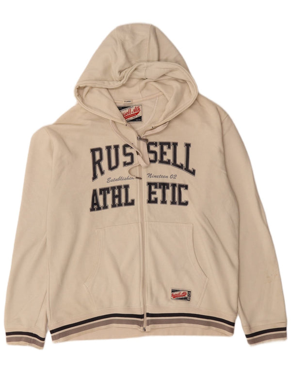 Russell Athletic Mens Graphic Zip Hoodie Sweater XL Off White Cotton