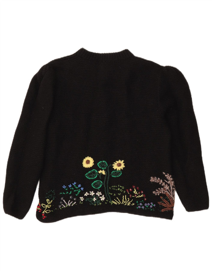 vintage Femme Cardigan Pull EU 40/42 Laine florale noire moyenne