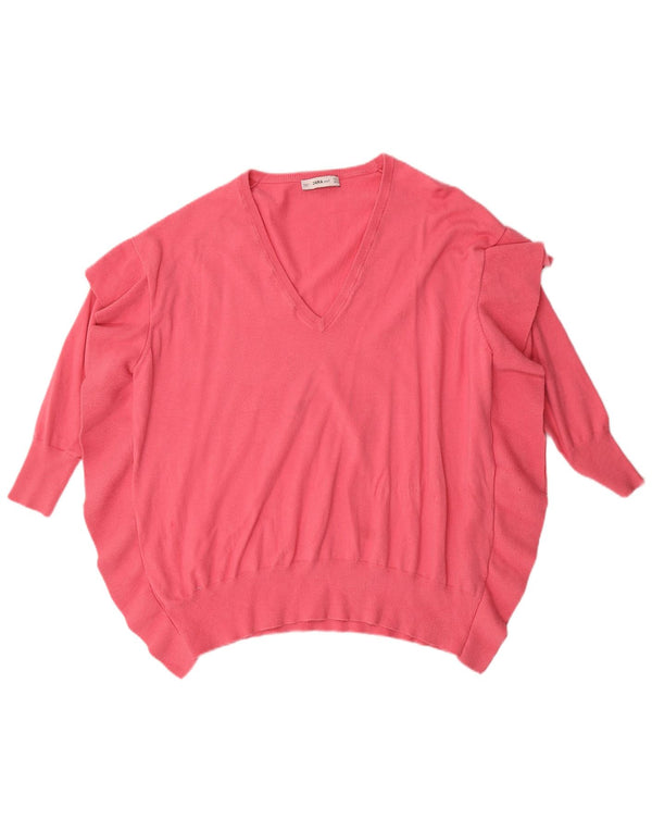 Zara Pull surdimensionné à manches 3/4 et col en V pour femme - Rose moyen - UK 14
