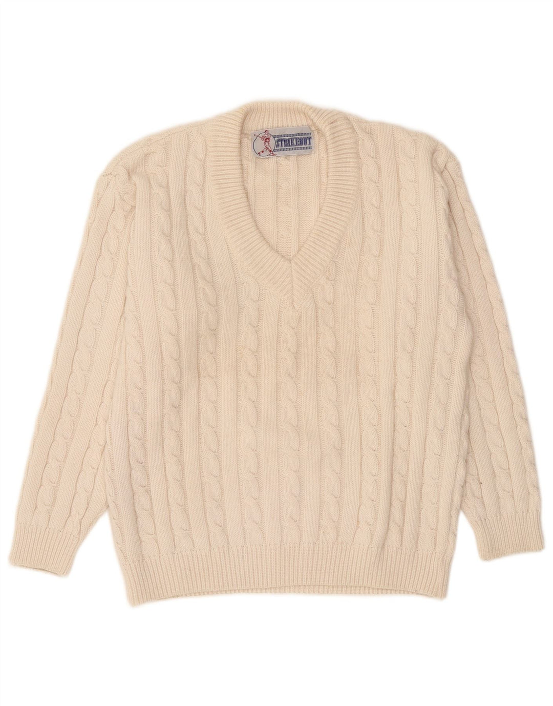 vintage Mens V-Col Jumper Pull Moyen Off White Acrylique
