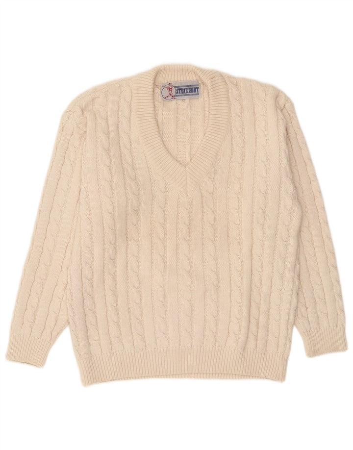 vintage Mens V-Col Jumper Pull Moyen Off White Acrylique