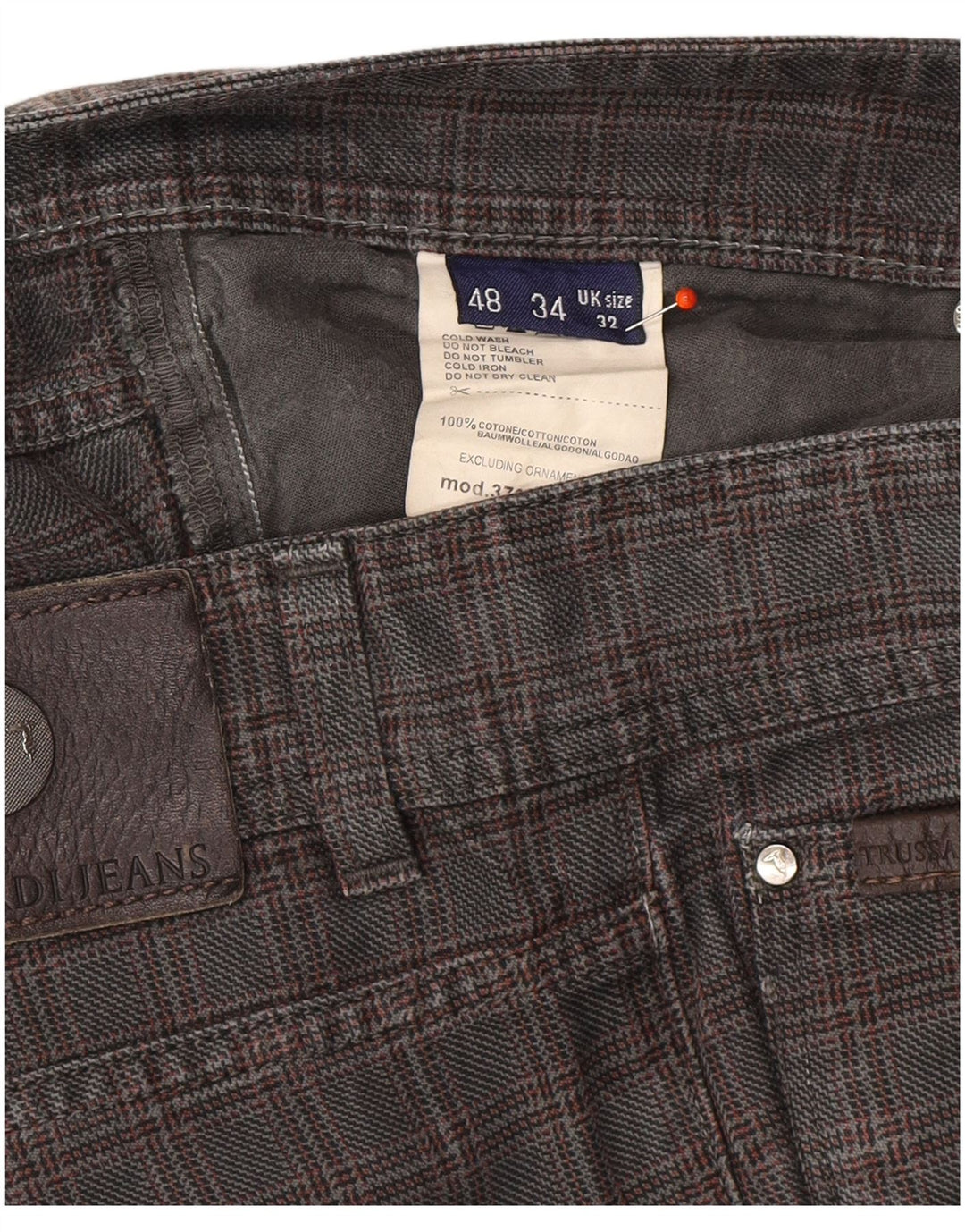 TRUSSARDI Mens Straight Casual Trousers IT 48 Medium W32 L32 Grey Check