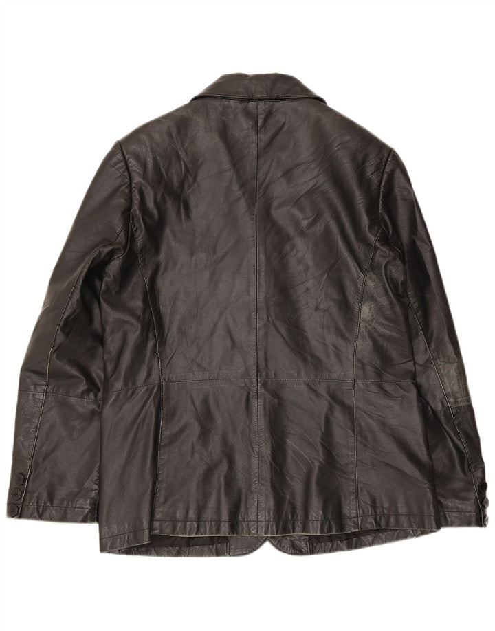 vintage Femme 3 Boutons Veste Blazer En Cuir UK 14 Cuir Noir Moyen
