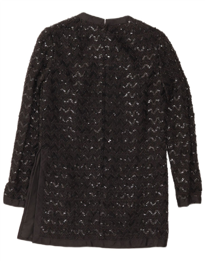 vintage Femmes Manches Longues Sequin Tunique Top UK 10 Petit Chevron Noir