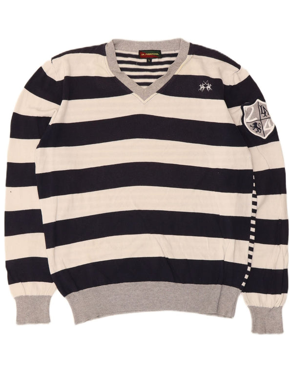 La Martina Pull graphique à col en V pour femme UK 16 Grand blanc rayé