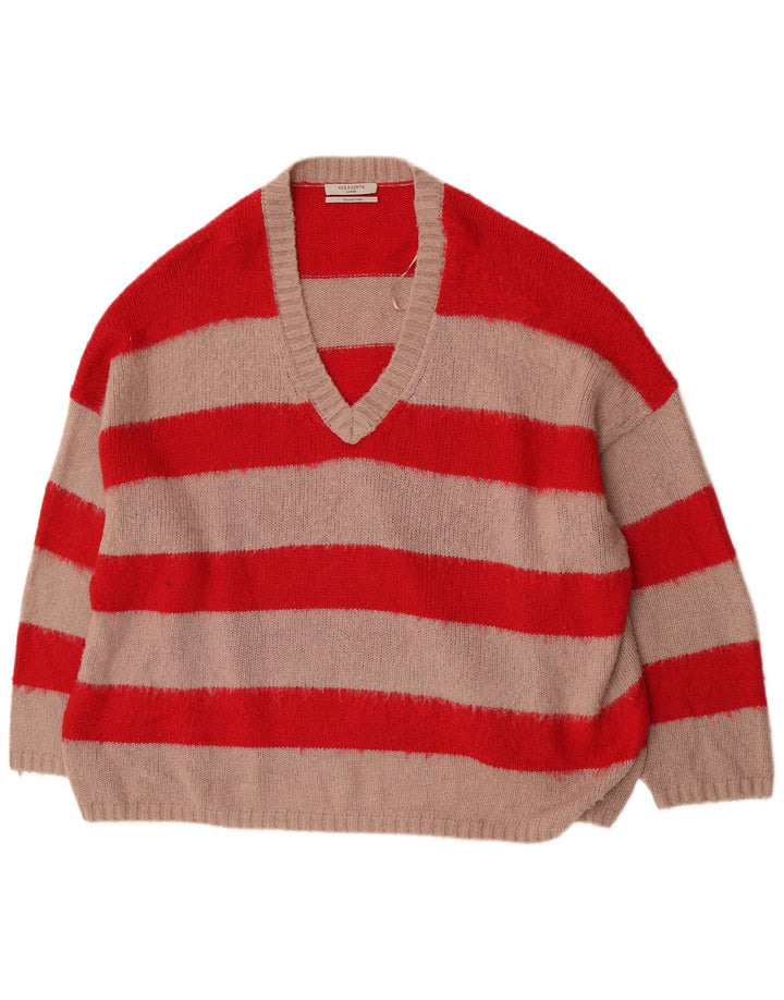 Pull oversize à col en V pour hommes All Saints, grande taille, rayures rouges, acrylique