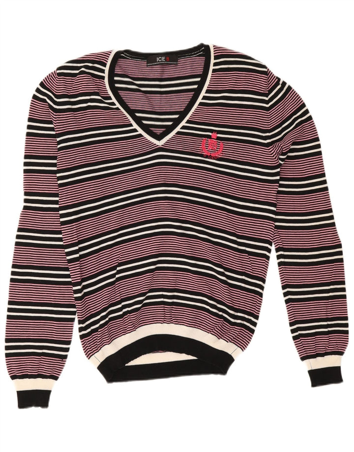 Iceberg Pull col V pour homme en coton rayé rose petit