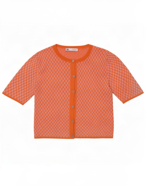 Zara Cardigan court à manches courtes pour femme UK 10 Petit carreaux orange