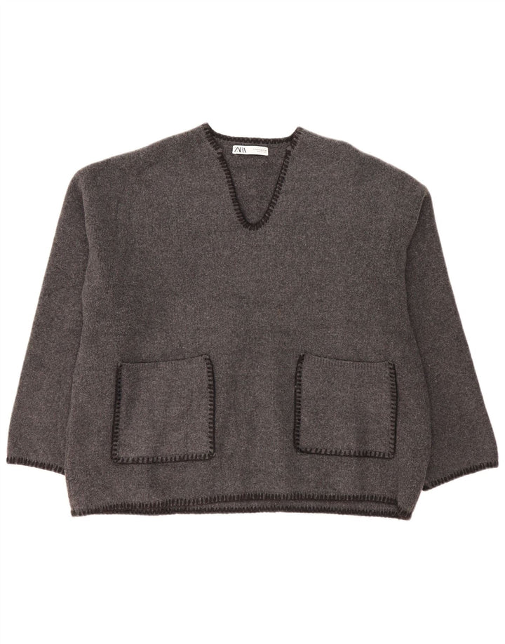 Zara Pull surdimensionné à col en V pour femme UK 14 Gris moyen Polyester