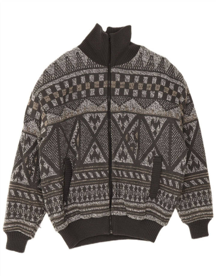 vintage Mens Knit Bomber Jacket IT 52 XL Gris Fair Isle Polyacrylique