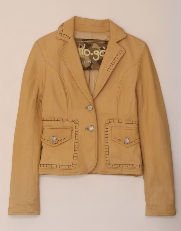vintage Femme 2 Boutons Veste Blazer En Cuir IT 42 Beige Moyen
