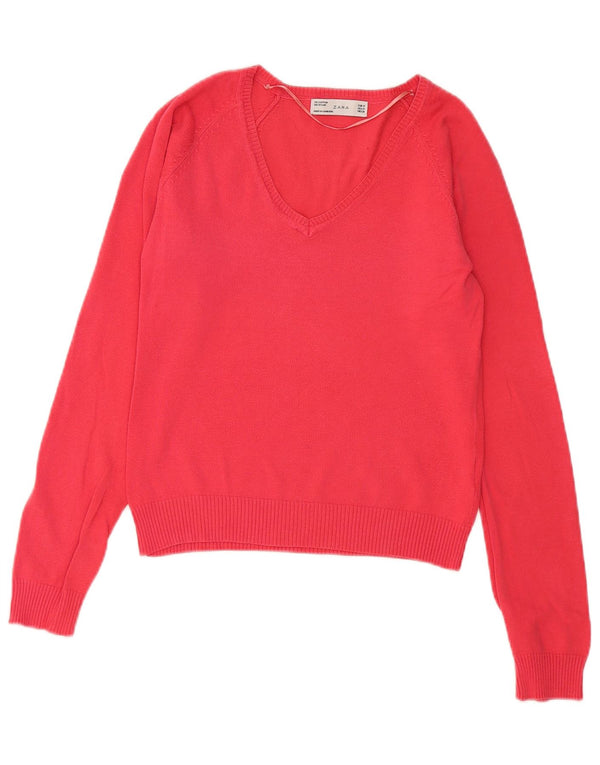 Zara Pull court à col en V pour femme UK 12 en coton rouge moyen