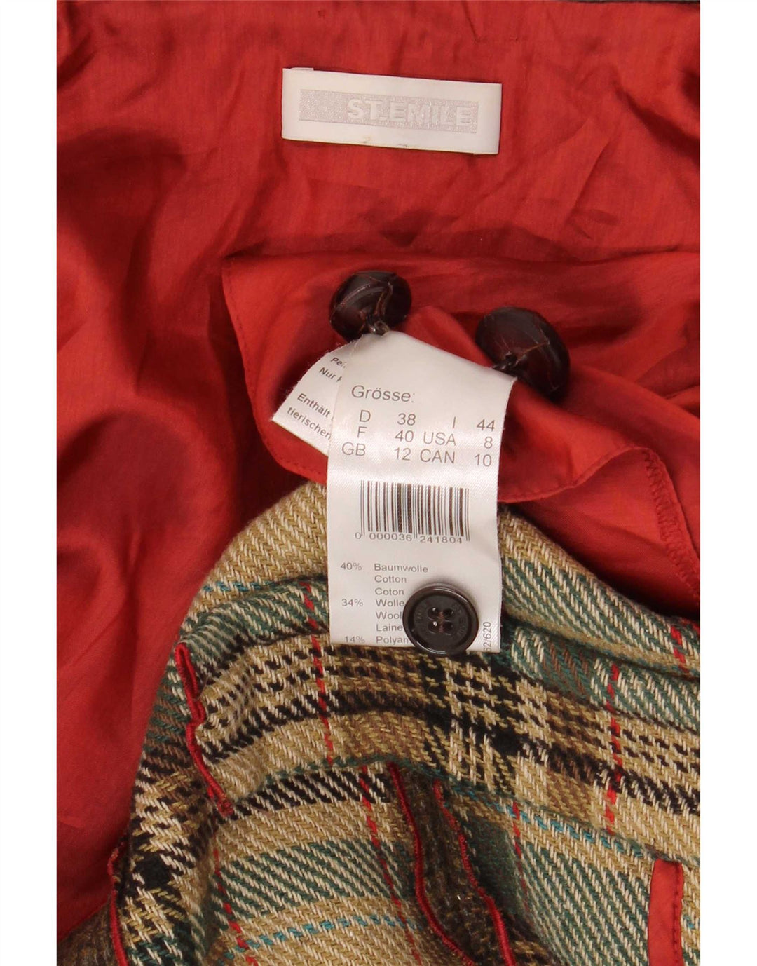ST. Emile Manteau croisé pour femme UK 12 en coton à carreaux kaki moyen