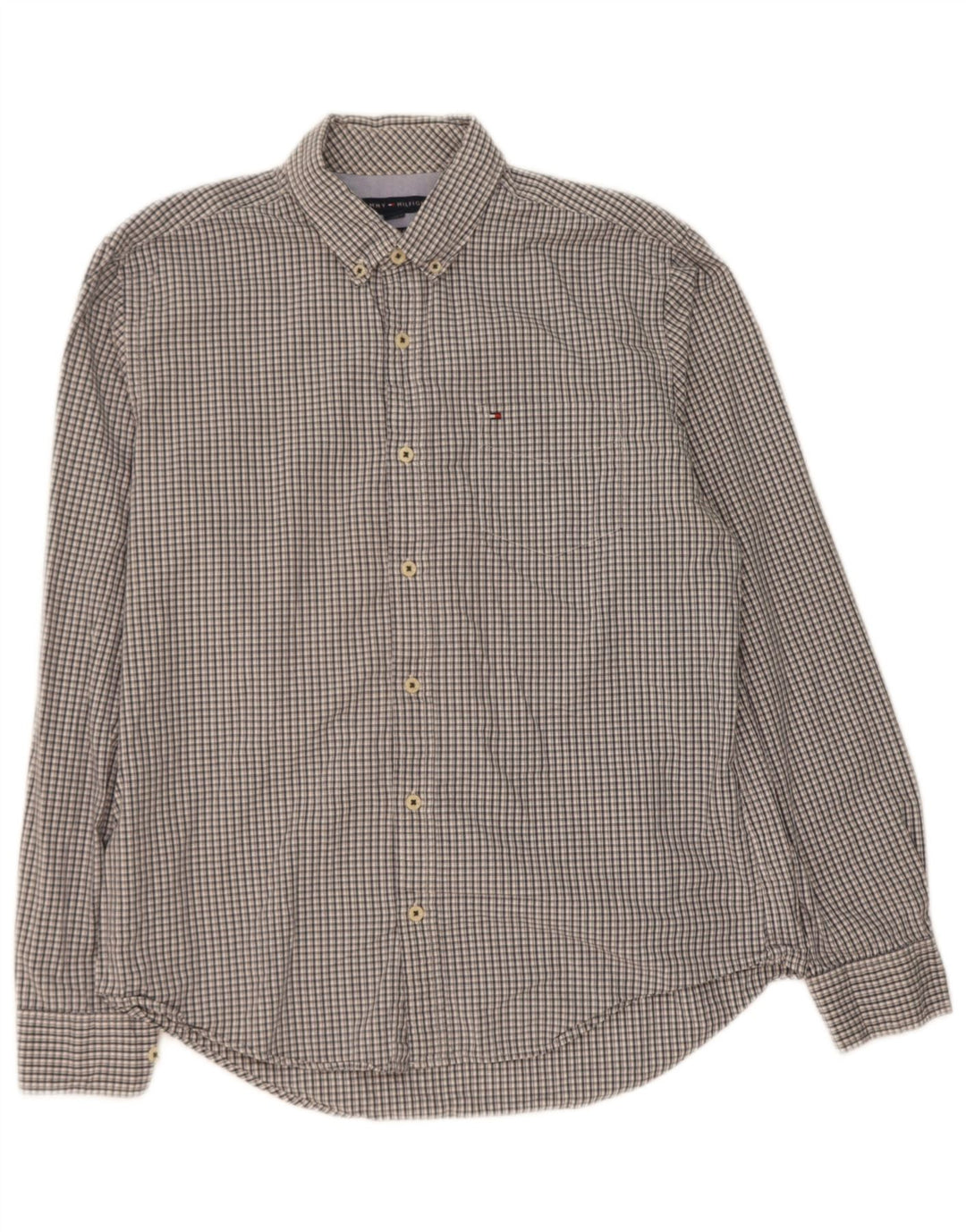 TOMMY HILFIGER Mens Custom Fit Shirt Medium Navy Blue Check Cotton