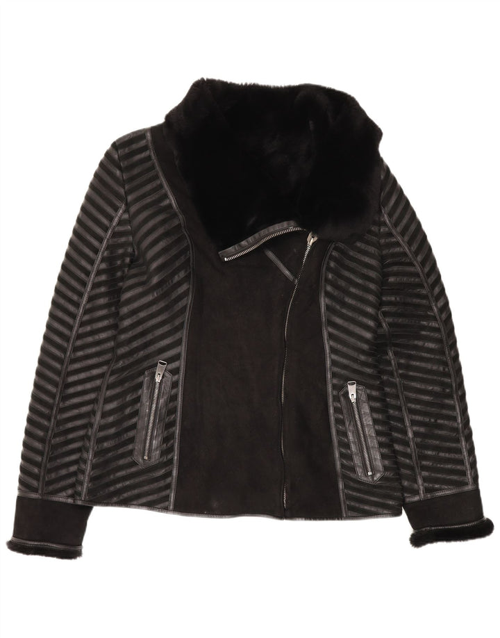 veste shearling femme vintage UK 18 XL Cuir rayé noir