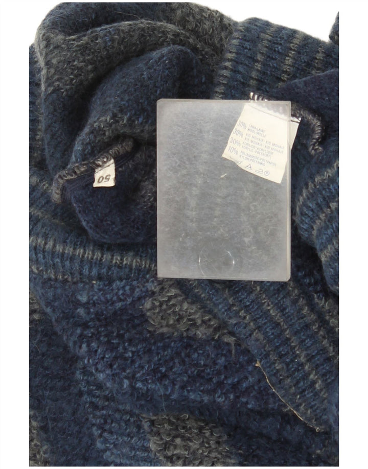 vintage Homme Cardigan Pull IT 50 Moyen Marine Bleu Chevron Laine