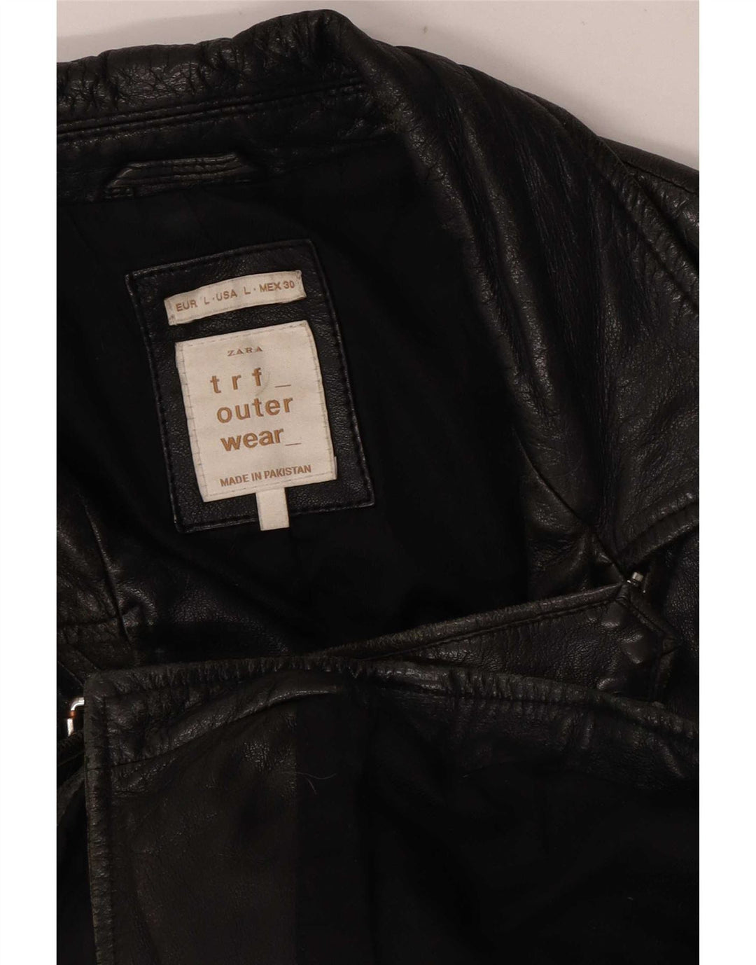 Zara Veste de motard en cuir court pour femme UK 16 Large Noir