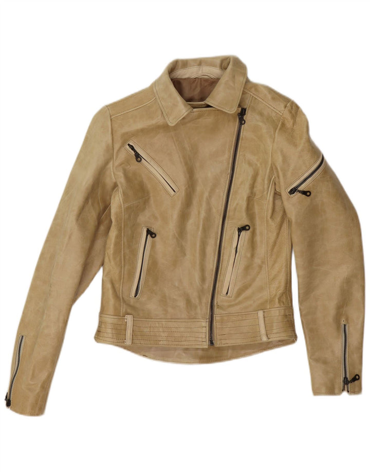 Veste motard en cuir femme vintage UK 4 XS Beige