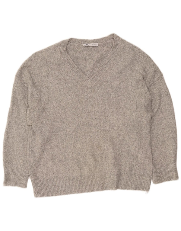 Zara Pull col V pour femme UK 16 Large Acrylique moucheté gris