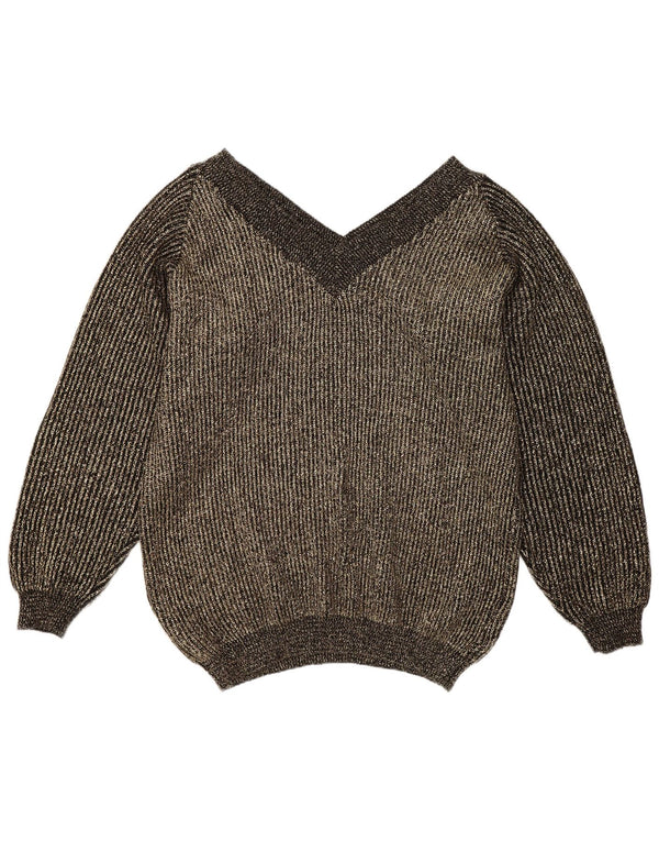 vintage Femmes Surdimensionné Col V Jumper Pull EU 40 Moyen Or Moucheté
