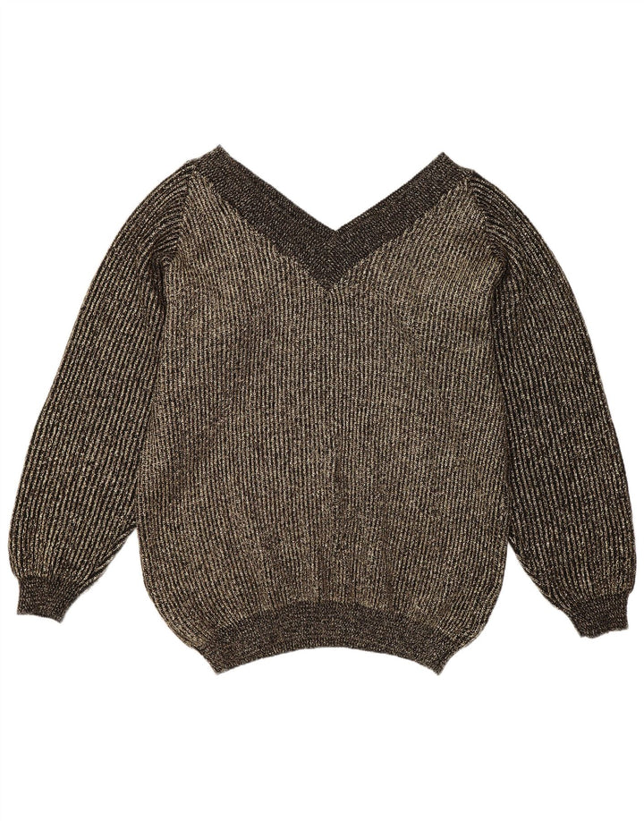 vintage Femmes Surdimensionné Col V Jumper Pull EU 40 Moyen Or Moucheté