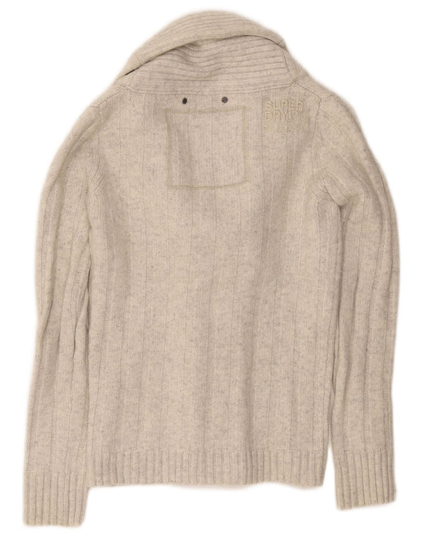 SUPERDRY Cardigan Femme Pull UK 10 Petit Blanc Cassé Laine