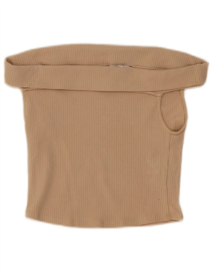Zara Femmes Crop Off Épaule Top UK 8 Petit Beige Coton