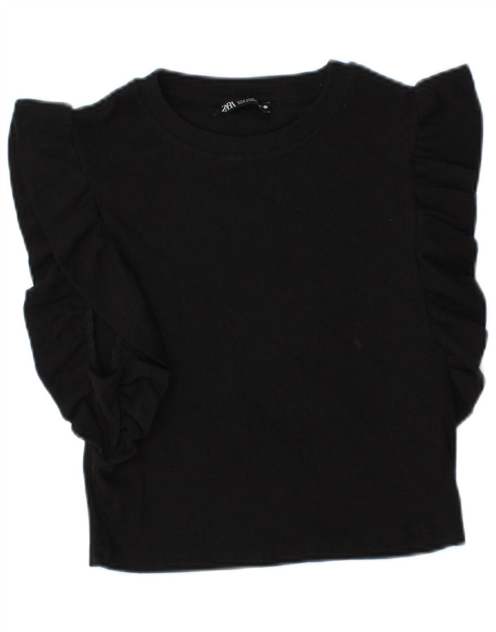 Zara Womens Crop Blouse Top UK 8 Petit Noir Coton