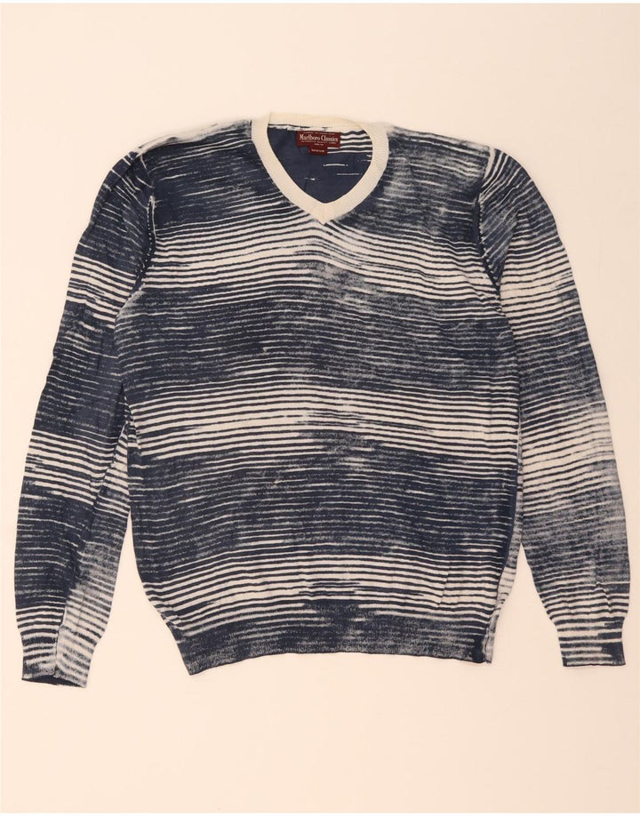 Marlboro Classics Pull col V pour homme Bleu marine moyen à fines rayures