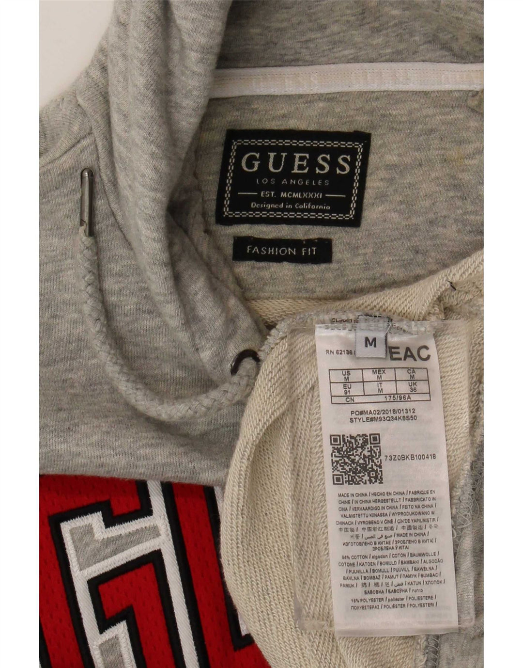 Guess Pull à Capuche Graphique Homme Gris Moyen Coton