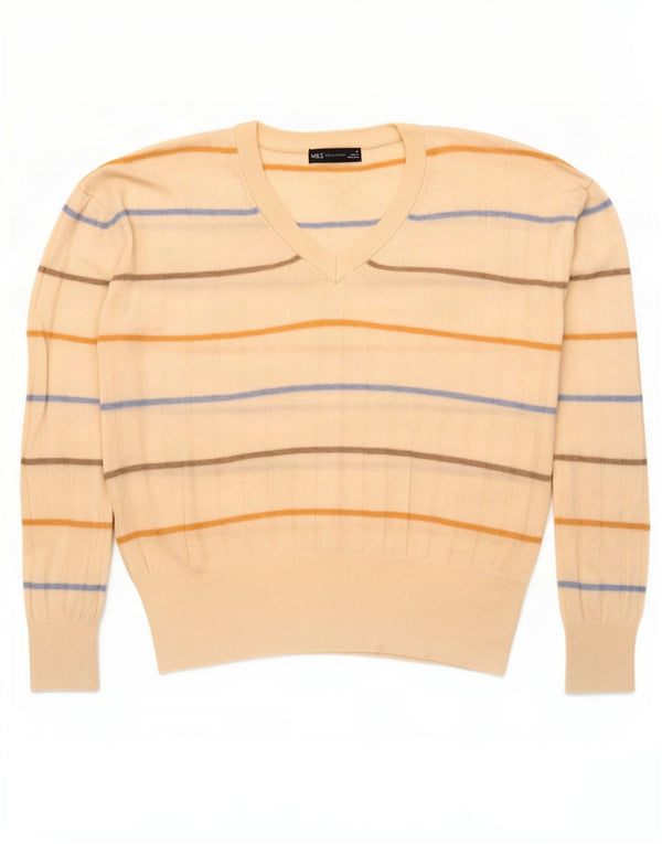 Marks & Spencer Pull col en V pour femme UK 14 Medium Off White Rayé