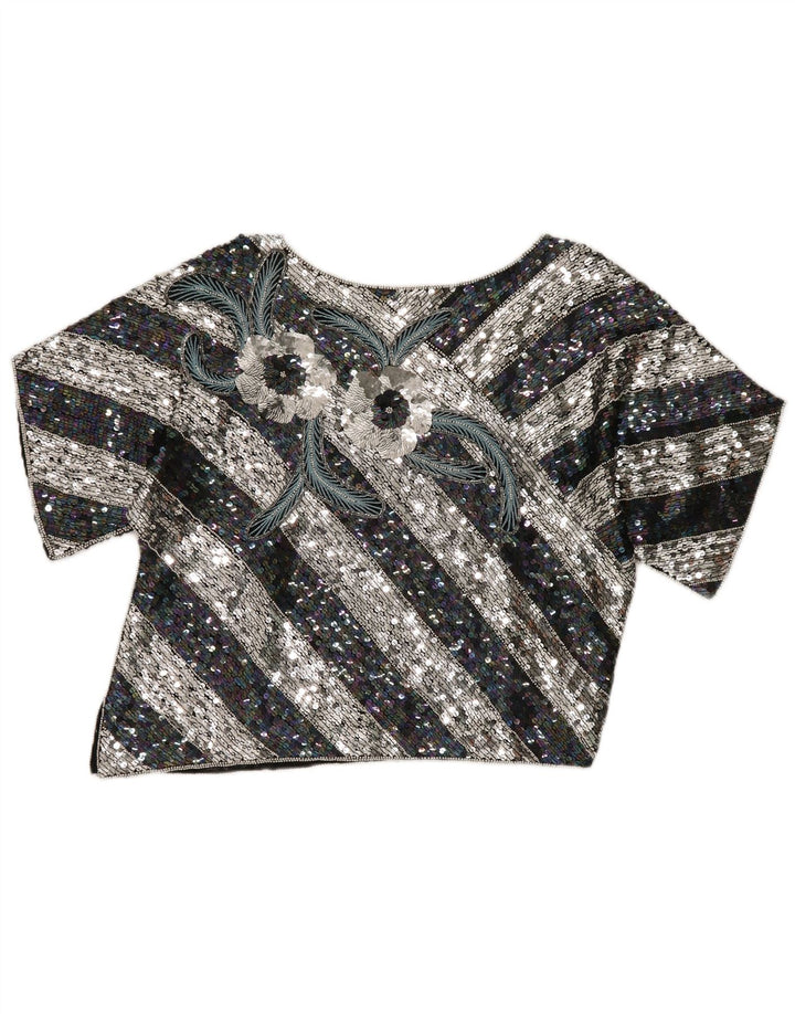 vintage Womens Crop Graphic Blouse Top EU 40 Soie rayée noire moyenne