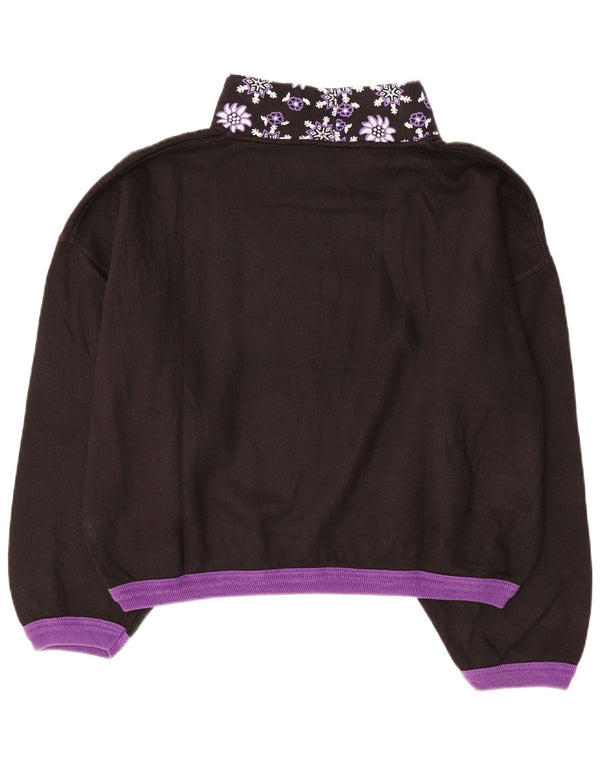 VINTAGE Femmes Surdimensionné Crop Sweatshirt Jumper UK 14 Moyen Noir Floral