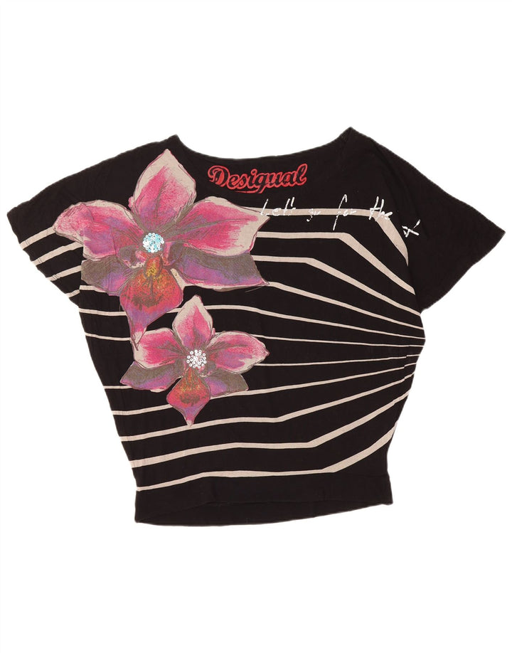 DESIGUAL T-shirt graphique surdimensionné pour femme UK 14 Medium Black Floral