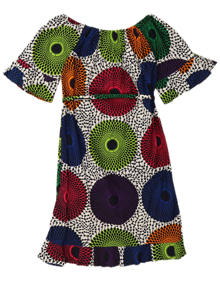 vintage Femmes Off Épaule Robe UK 12 Moyen Multicolore Géométrique