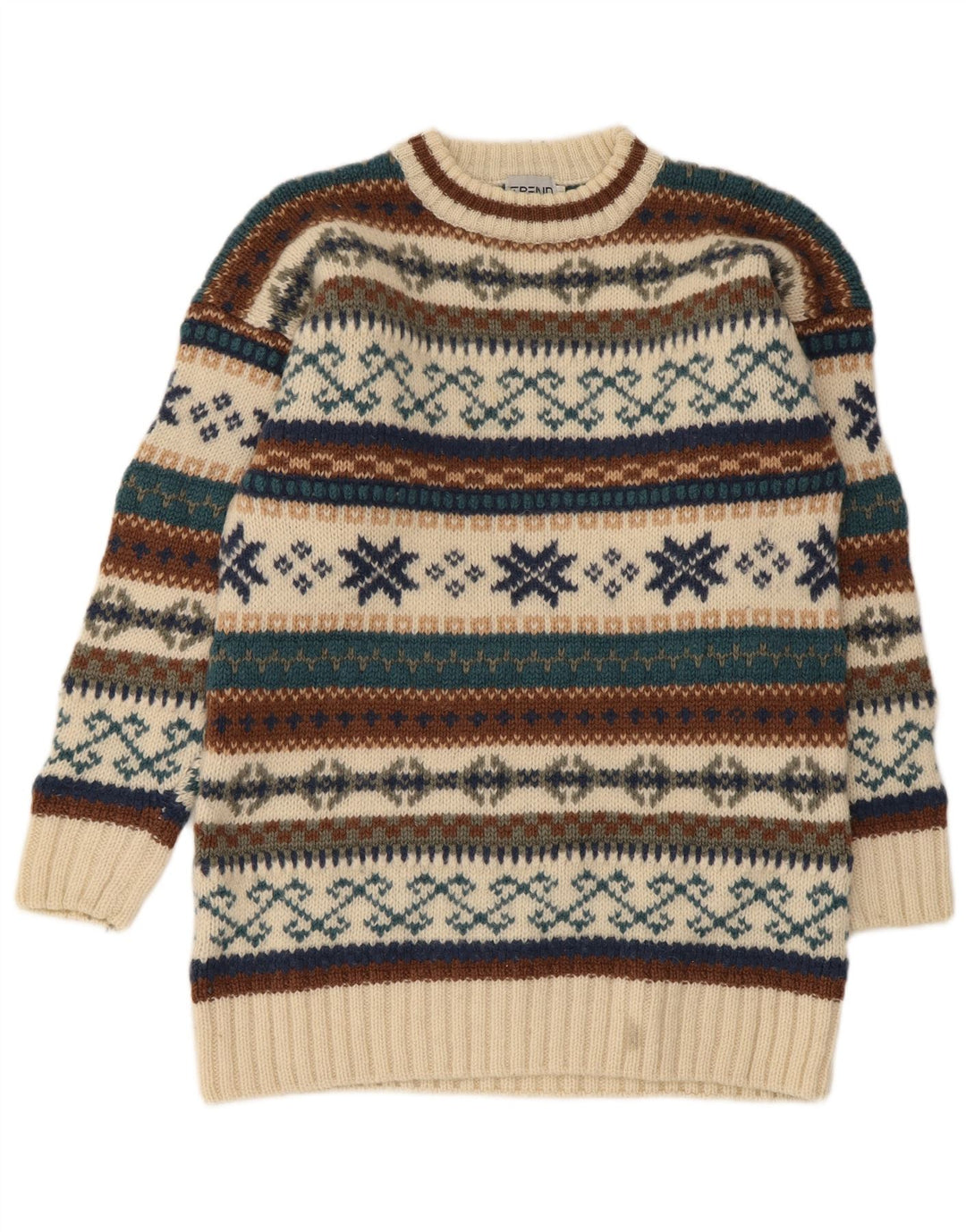 vintage Mens Crew Neck Jumper Pull Moyen Beige Fair Isle Laine