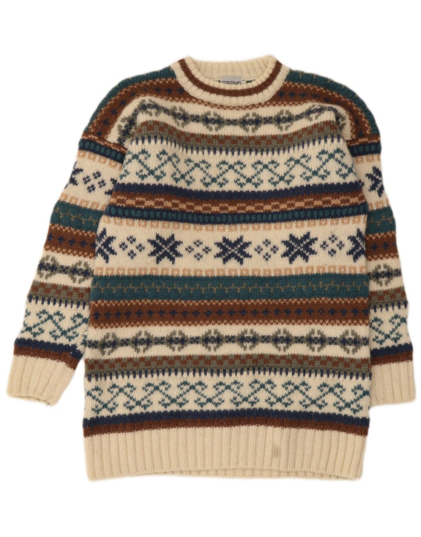 vintage Mens Crew Neck Jumper Pull Moyen Beige Fair Isle Laine