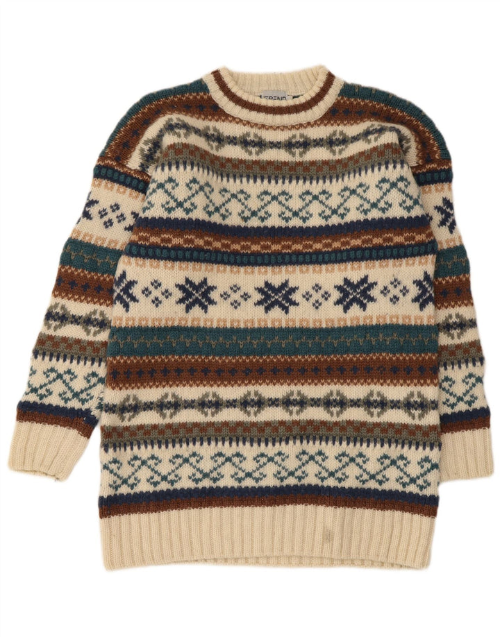 vintage Mens Crew Neck Jumper Pull Moyen Beige Fair Isle Laine