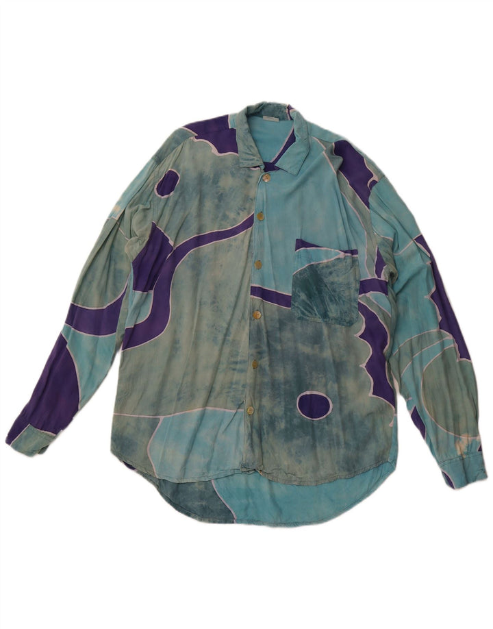 VINTAGE Chemise à motif abstrait pour homme XL Rayonne bleue