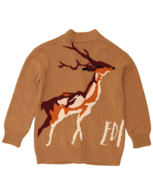 vintage Femme Graphique Cardigan Pull UK 6 XS Brown Animal Print