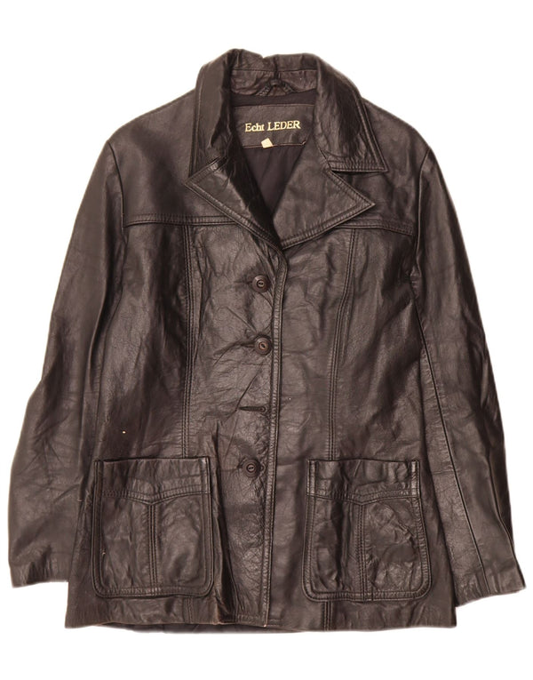 vintage Femme 3 Boutons Veste Blazer En Cuir IT 44 Moyen Noir