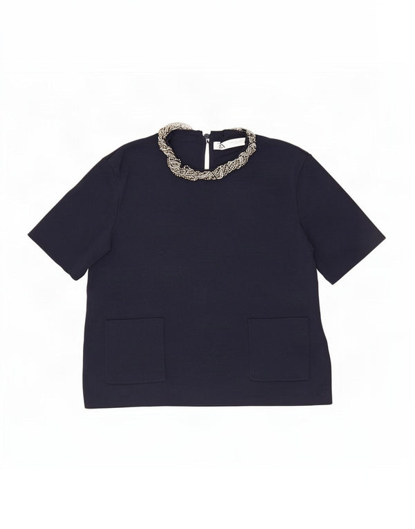 Zara Womens Crop Blouse Top UK 12 Bleu Marine Moyen Viscose