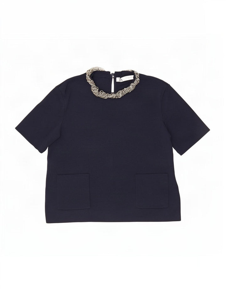 Zara Womens Crop Blouse Top UK 12 Bleu Marine Moyen Viscose