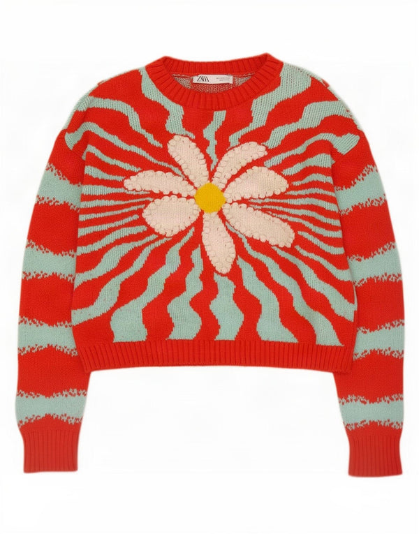 Zara Pull surdimensionné pour femme UK 10 Petit coton géométrique rouge